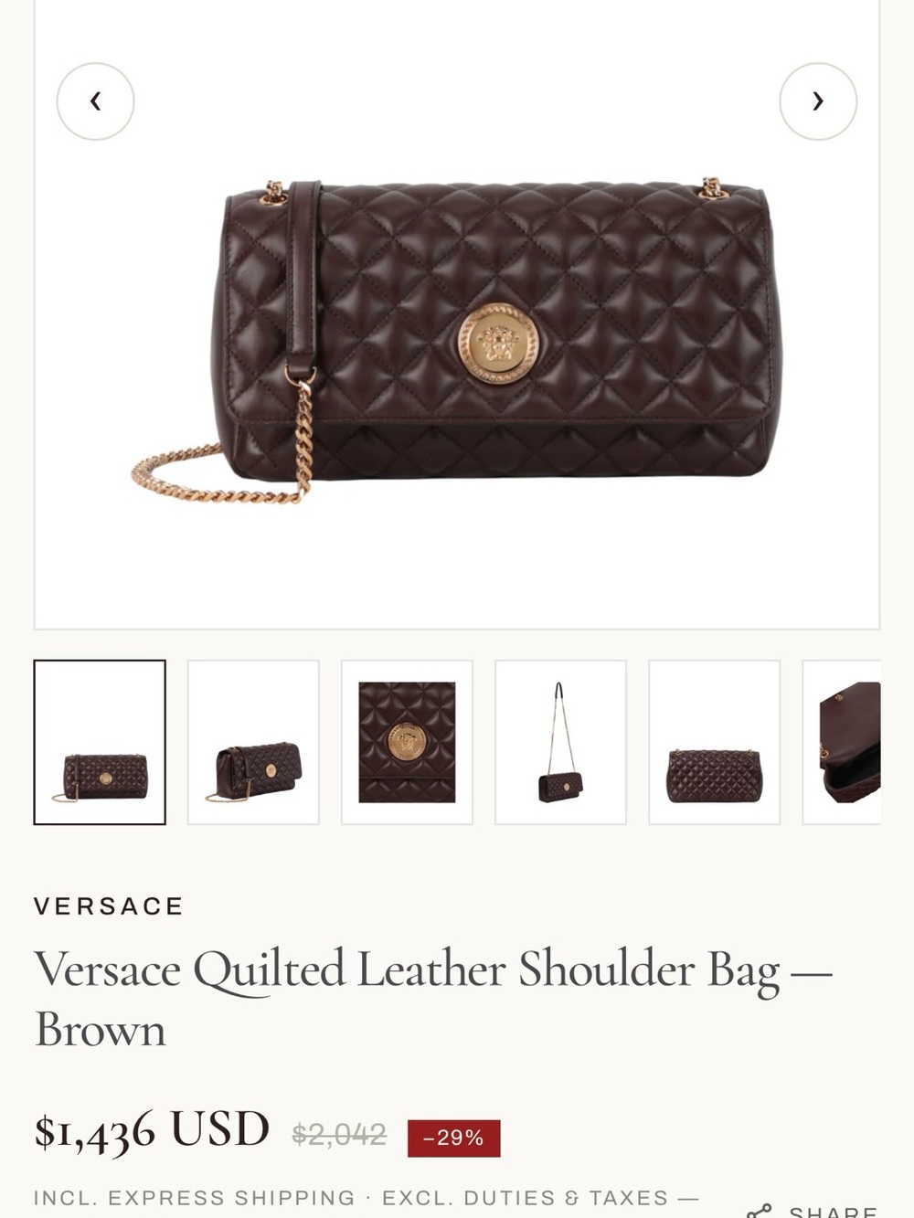 Versace Dark Brown Quilted Leather Shoulder Bag with Gold Medallion